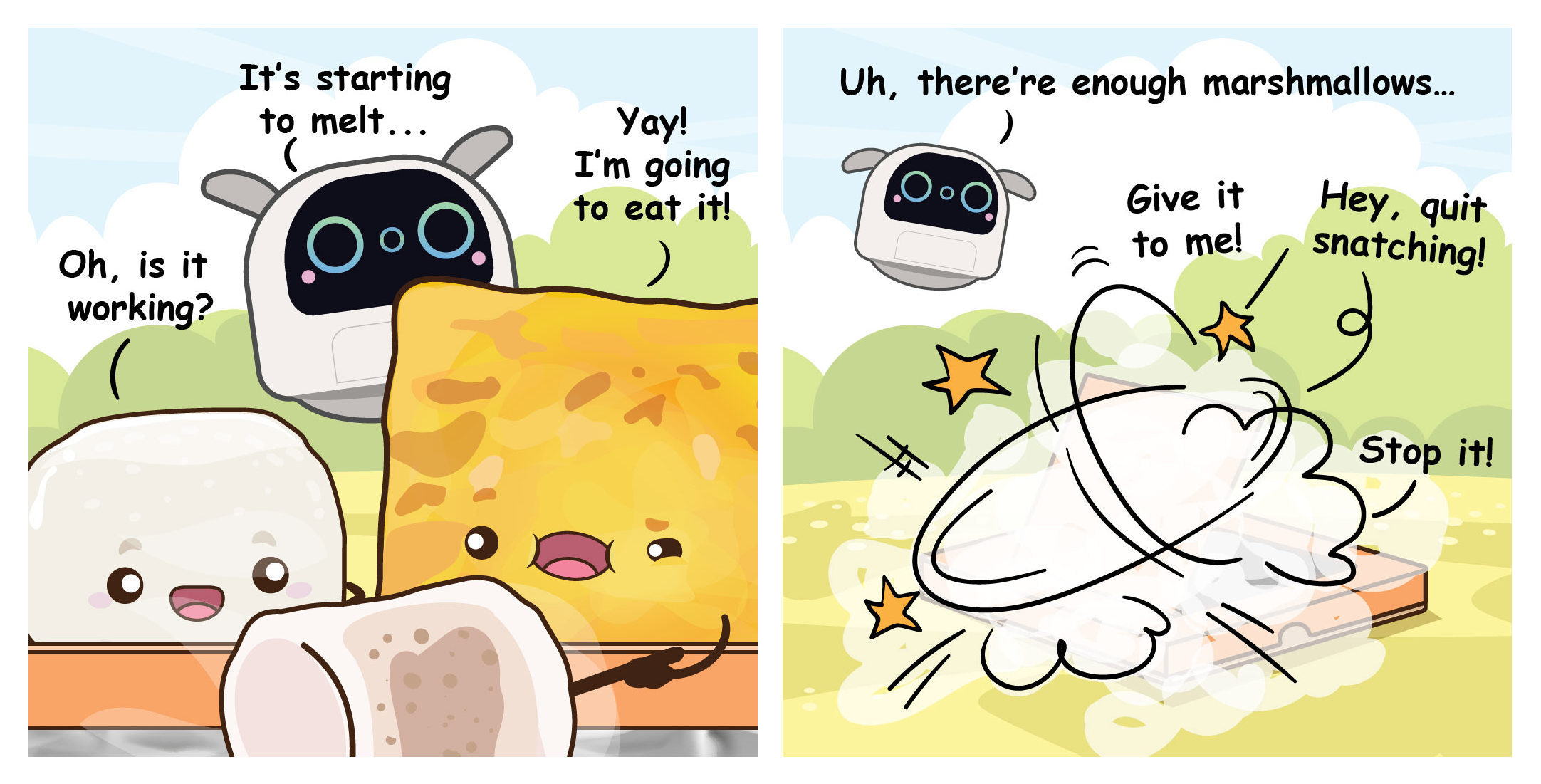 Two-panel comic where Poodle, Bouncy, and Flip observe a marshmallow melting in their solar oven before Bouncy and Flip get into a cartoon scuffle over who gets to eat it.
